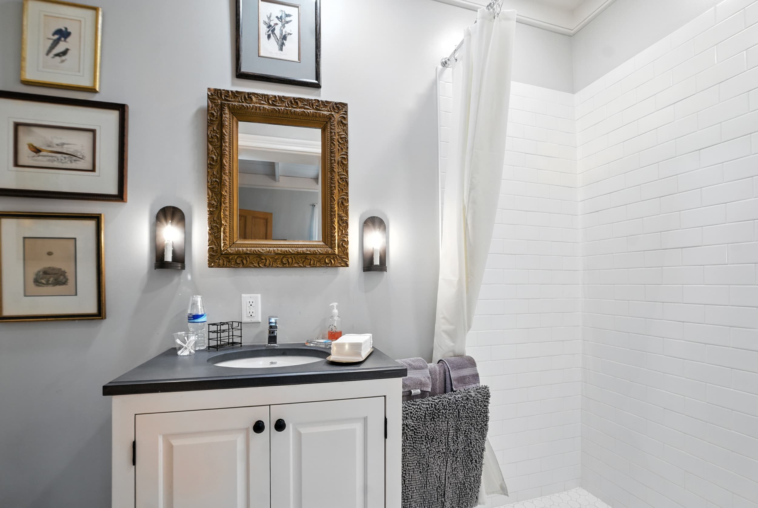 Elegant bathroom featuring a white vanity, ornate gold mirror, framed botanical art, and a classic white subway tile shower.